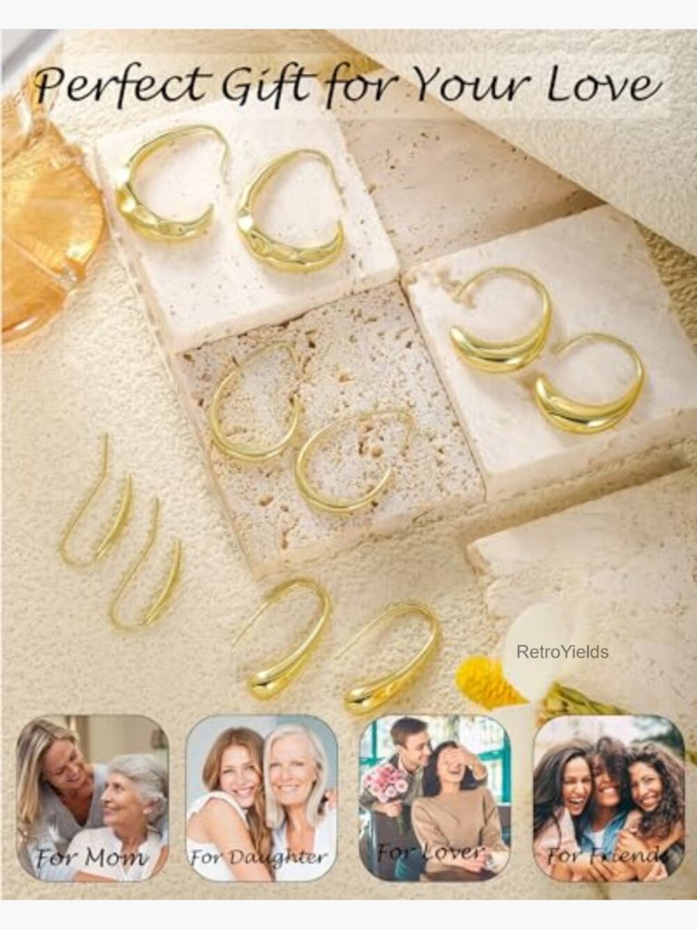 Teardrop Hoop Earrings 14K Gold Plated Oval Pull Through Hypoallergenic - Picture 6 of 7